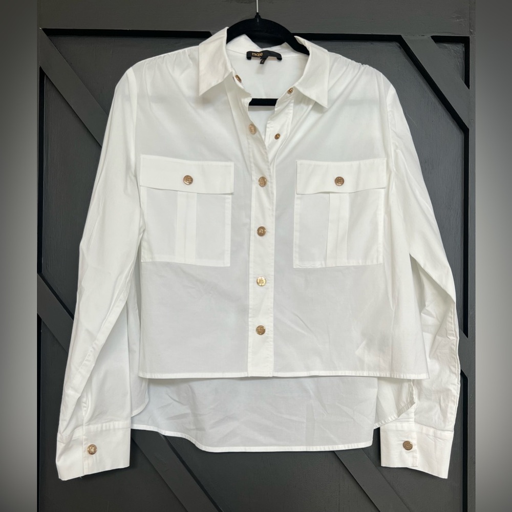 Maje Carlita Cropped Cotton Shirt in White, Size M (2) - Picture 8 of 15